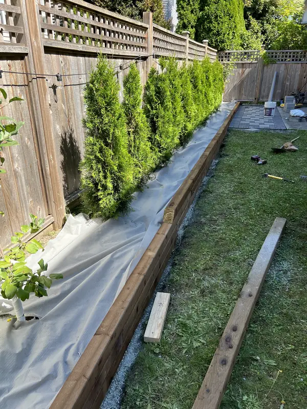 Timber garden bed under construction, with stacked pressure-treated timbers and landscape fabric behind them