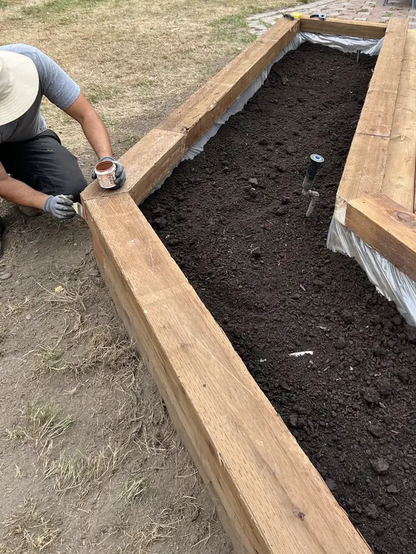 Crew member staining the top of a new timber garden bed