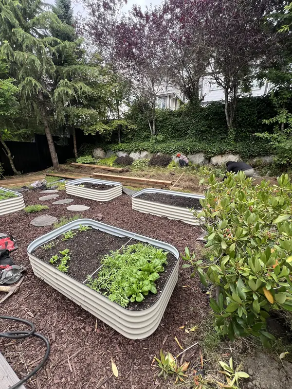 Metal raised garden beds set in bark mulch with flagstone stepping stones