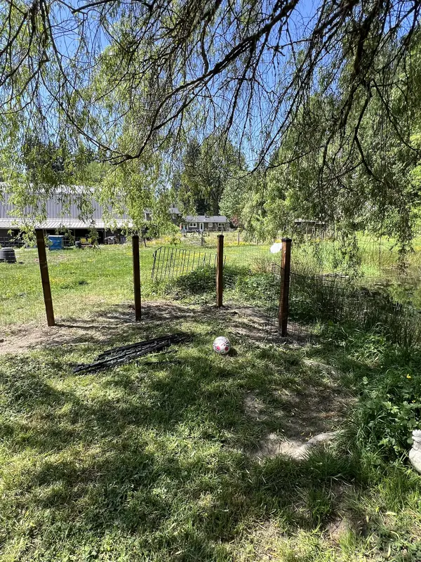 New wood posts set in a row for a wire mesh fence under a willow tree