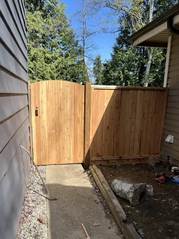 Arched cedar gate and fence panel closing in a side yard